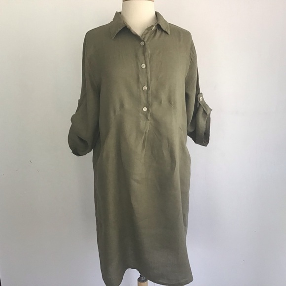 Linen Made in Italy Green Roll tab Sleeve Lagenlook Tunic Dress  Elena B… - Picture 3 of 9